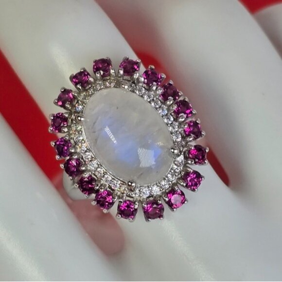 925 Sterling Silver Ring with Natural Moonstone & Rhodolite Garnet Gems - Picture 7 of 12